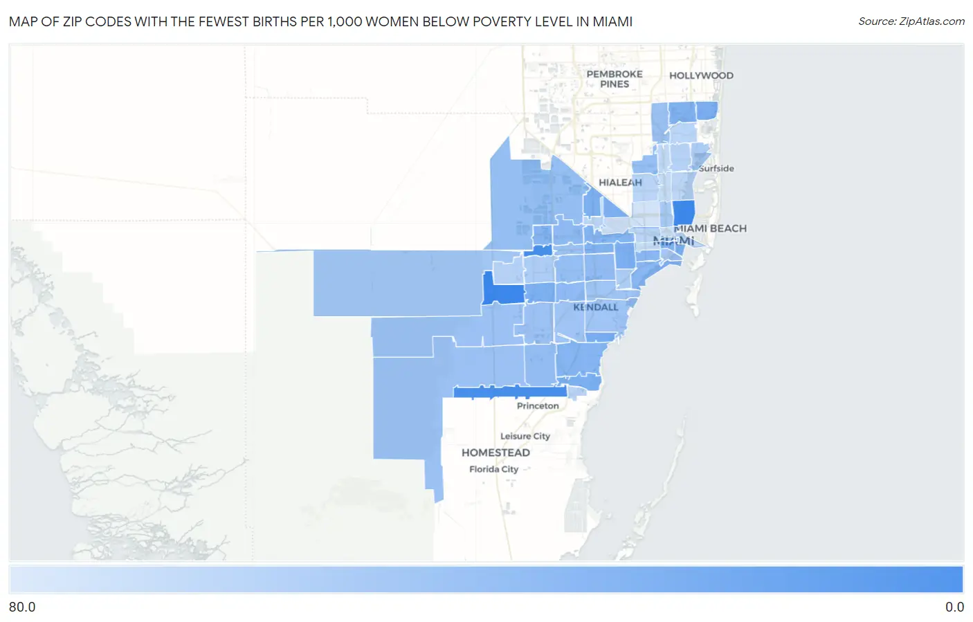 Zip Codes with the Fewest Births per 1,000 Women Below Poverty Level in Miami Map