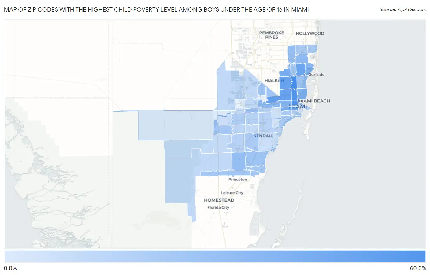 Zip Codes with the Highest Child Poverty Level Among Boys Under the Age of 16 in Miami Map