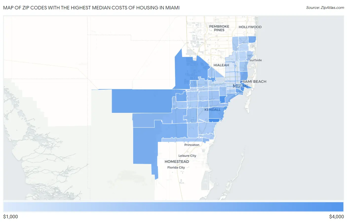 Zip Codes with the Highest Median Costs of Housing in Miami Map
