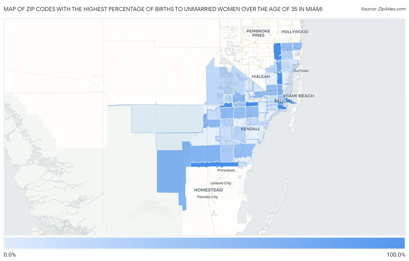Zip Codes with the Highest Percentage of Births to Unmarried Women over the Age of 35 in Miami Map