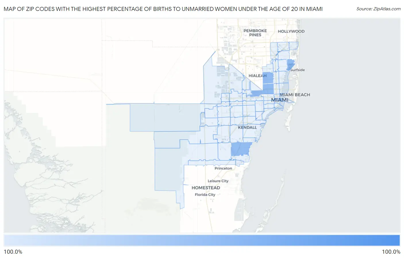 Zip Codes with the Highest Percentage of Births to Unmarried Women under the Age of 20 in Miami Map