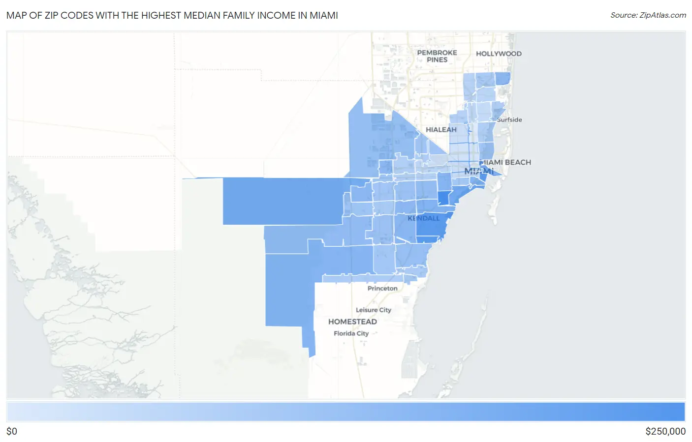 Zip Codes with the Highest Median Family Income in Miami Map