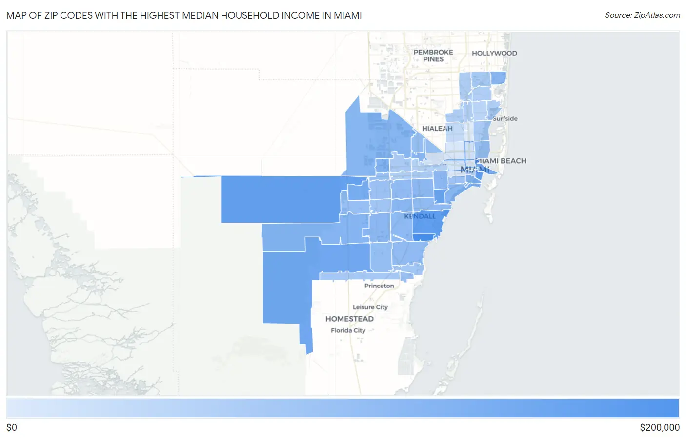 Zip Codes with the Highest Median Household Income in Miami Map