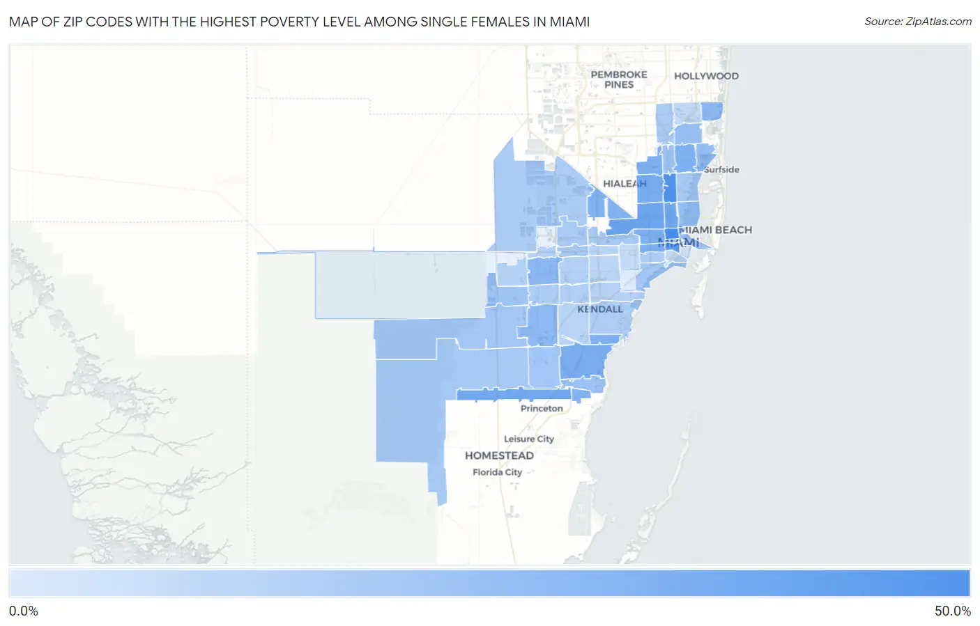 Zip Codes with the Highest Poverty Level Among Single Females in Miami Map