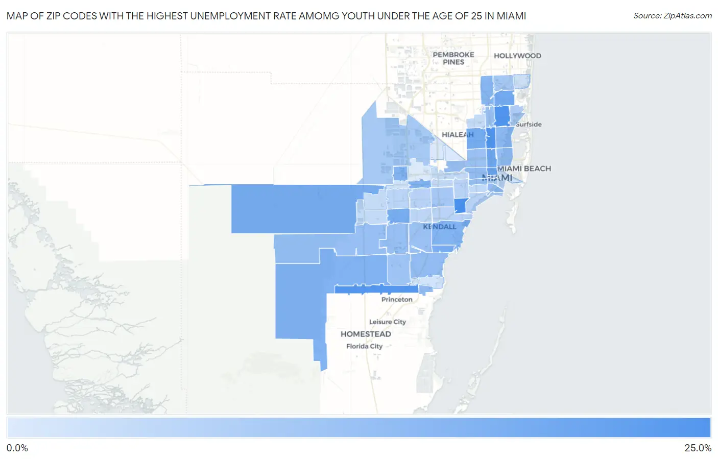 Zip Codes with the Highest Unemployment Rate Amomg Youth Under the Age of 25 in Miami Map