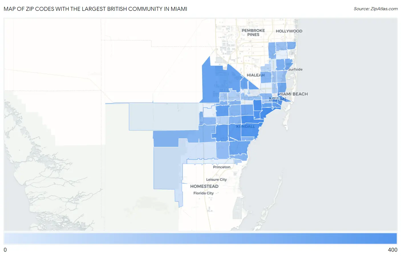 Zip Codes with the Largest British Community in Miami Map