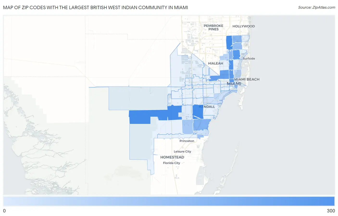 Zip Codes with the Largest British West Indian Community in Miami Map