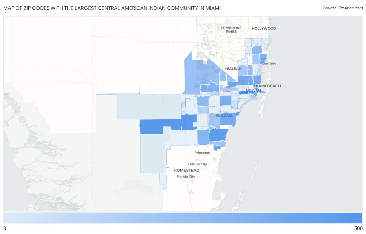 Zip Codes with the Largest Central American Indian Community in Miami Map