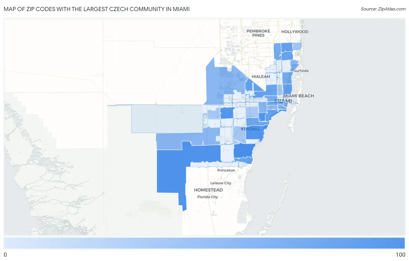 Zip Codes with the Largest Czech Community in Miami Map