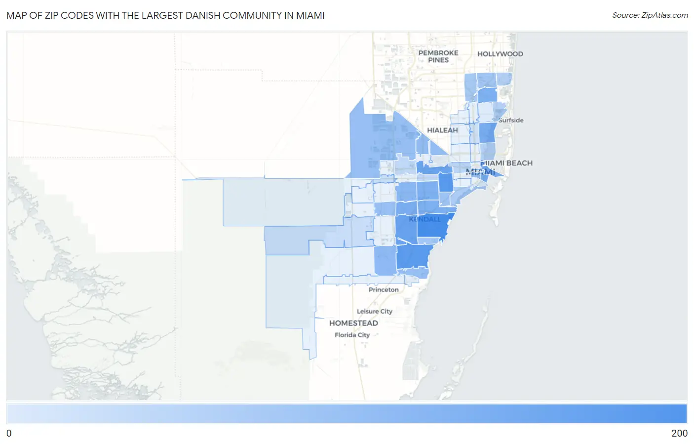Zip Codes with the Largest Danish Community in Miami Map