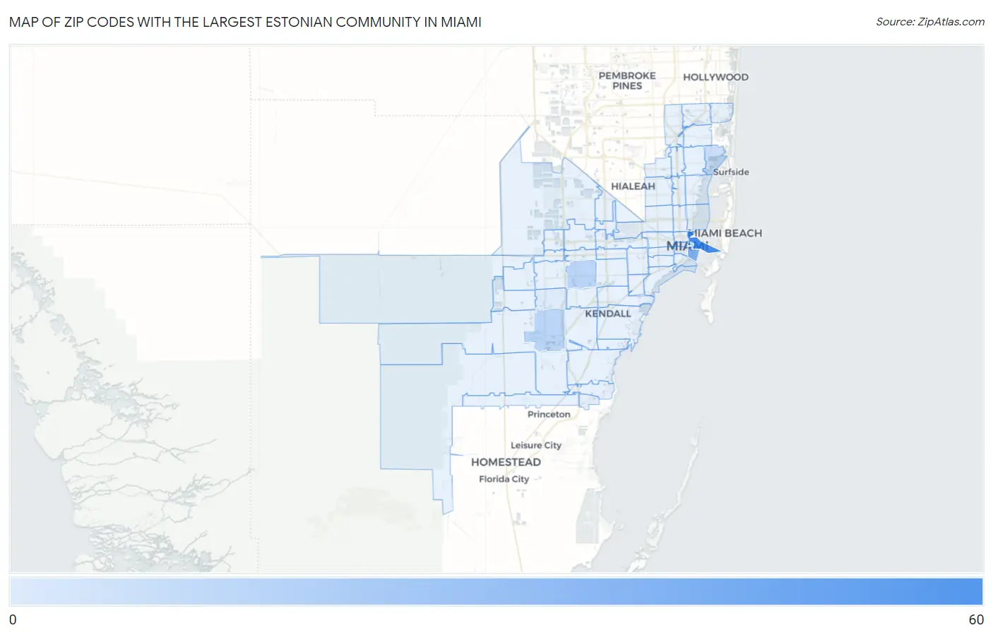 Zip Codes with the Largest Estonian Community in Miami Map