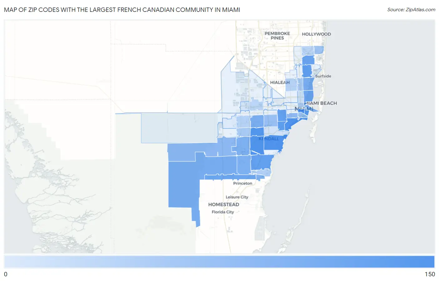 Zip Codes with the Largest French Canadian Community in Miami Map