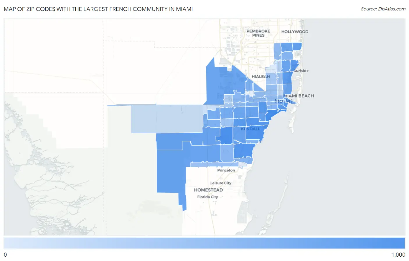 Zip Codes with the Largest French Community in Miami Map