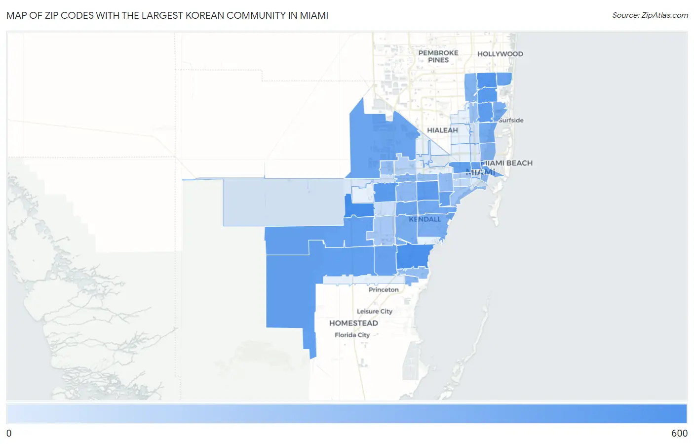Zip Codes with the Largest Korean Community in Miami Map