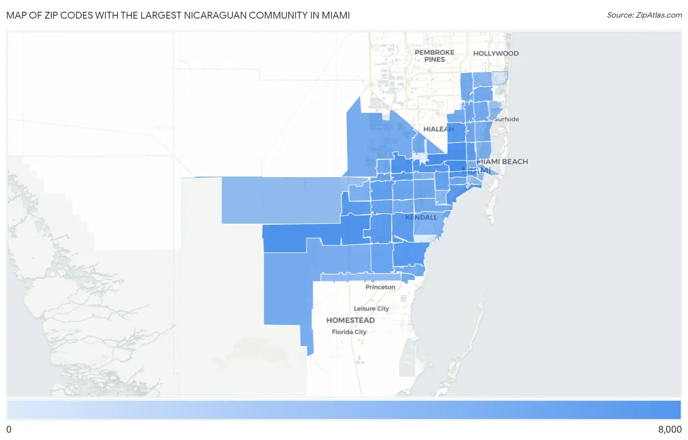 Zip Codes with the Largest Nicaraguan Community in Miami Map