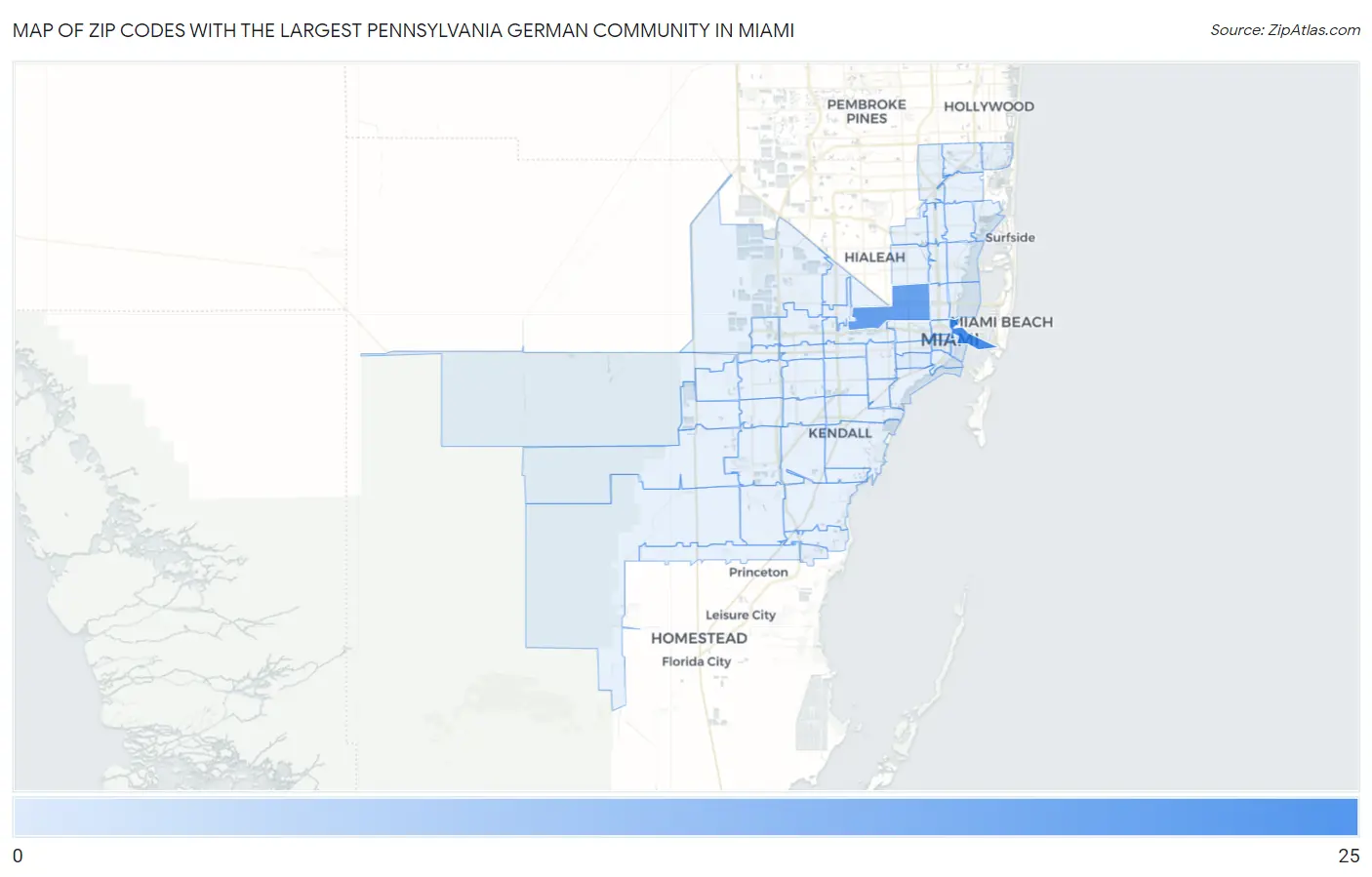 Zip Codes with the Largest Pennsylvania German Community in Miami Map