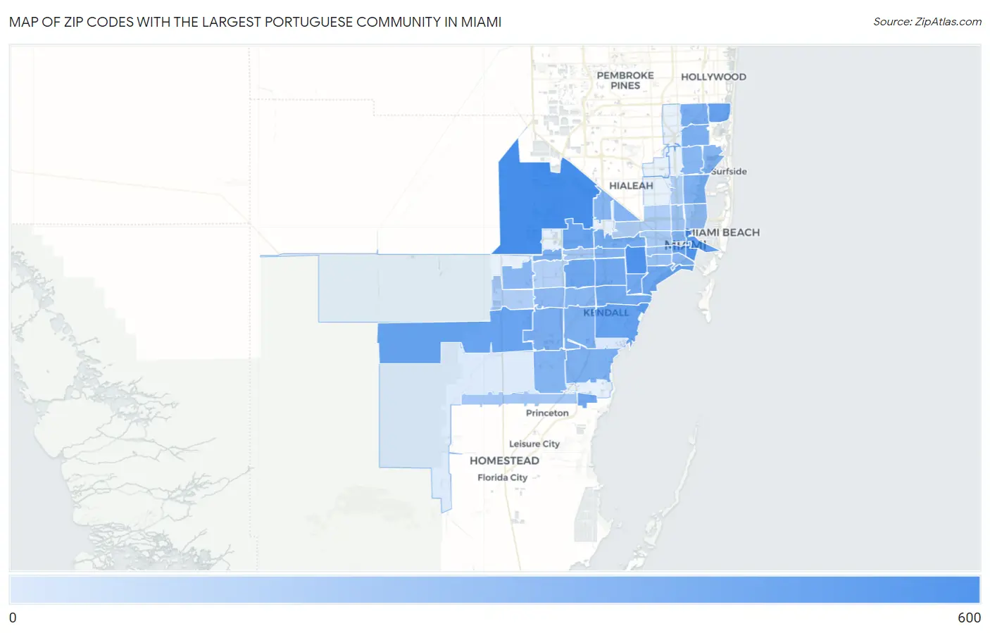 Zip Codes with the Largest Portuguese Community in Miami Map