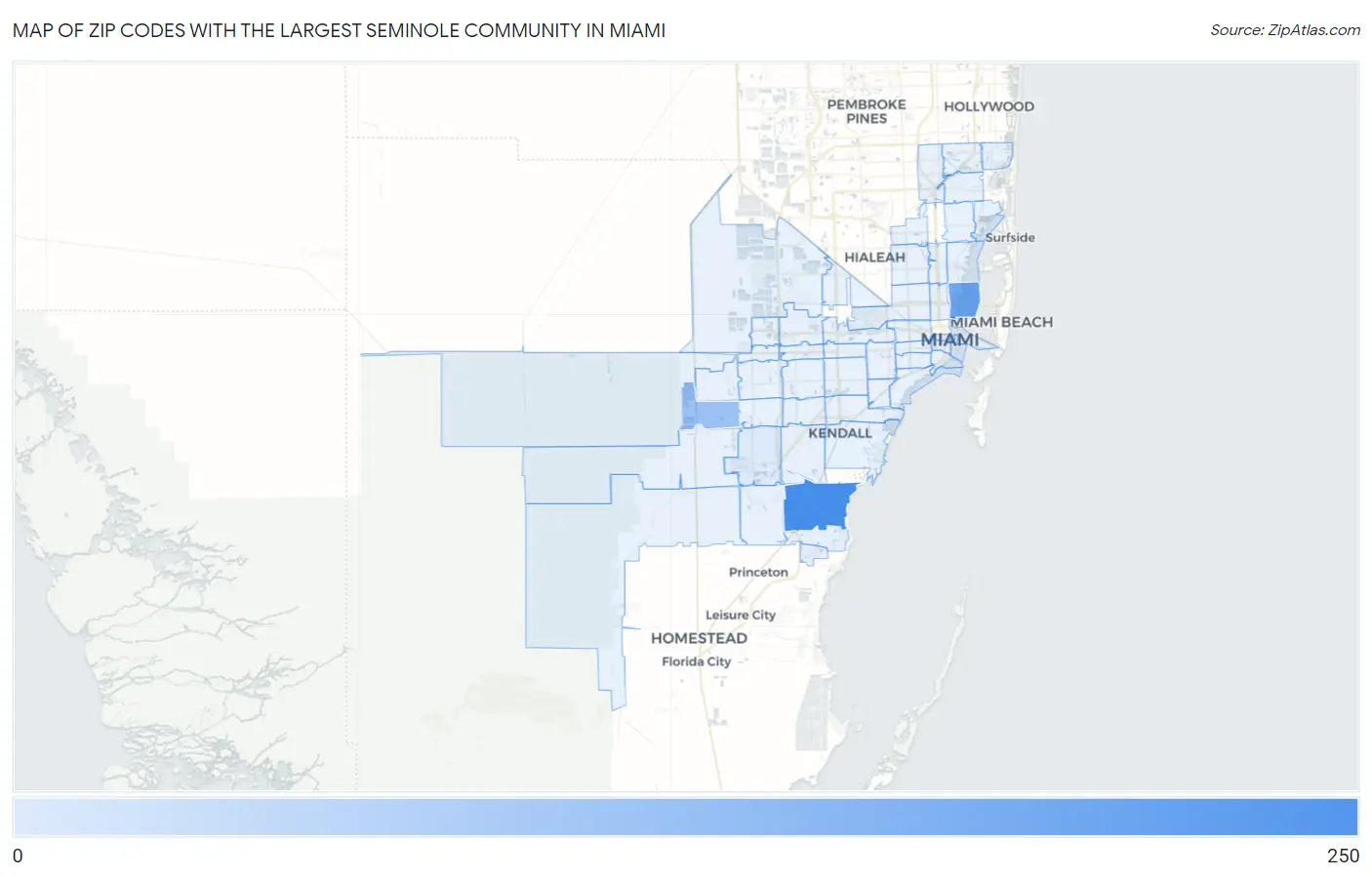 Zip Codes with the Largest Seminole Community in Miami Map