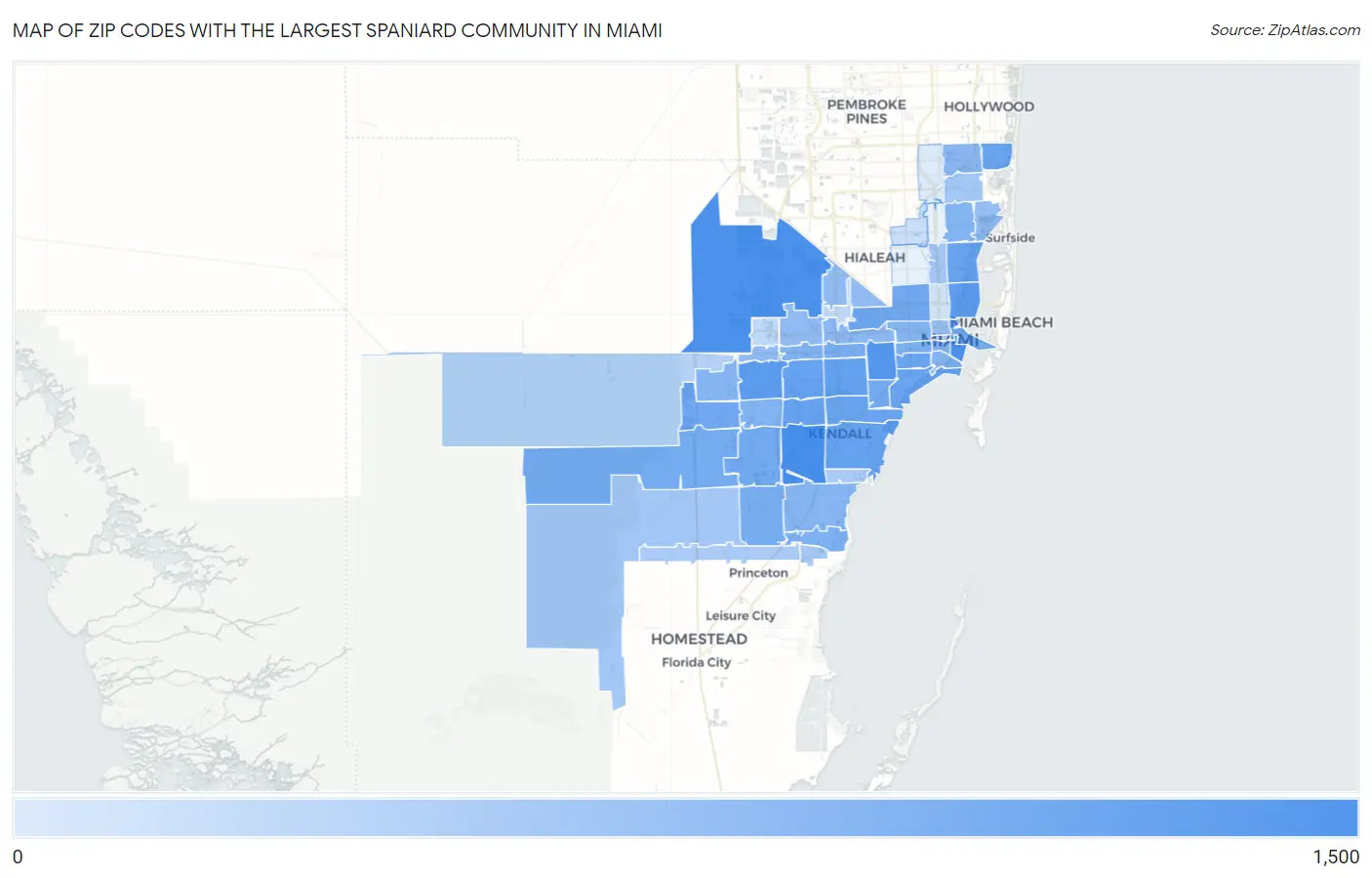 Zip Codes with the Largest Spaniard Community in Miami Map