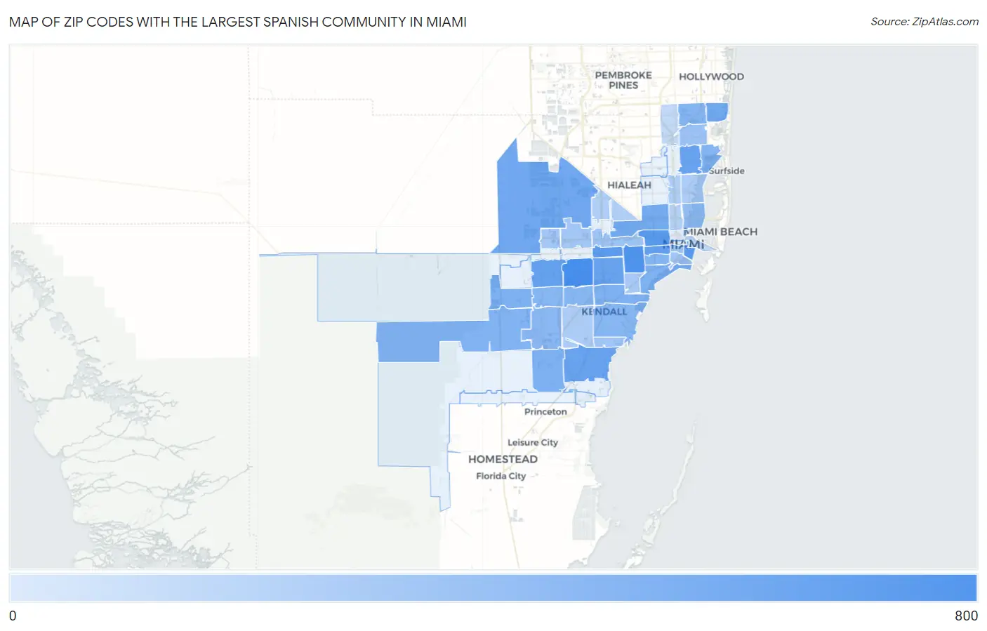 Zip Codes with the Largest Spanish Community in Miami Map