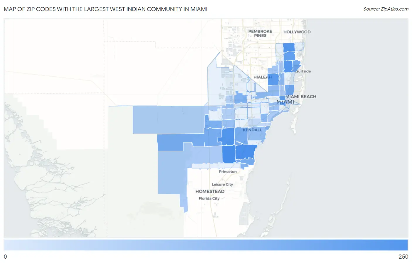 Zip Codes with the Largest West Indian Community in Miami Map