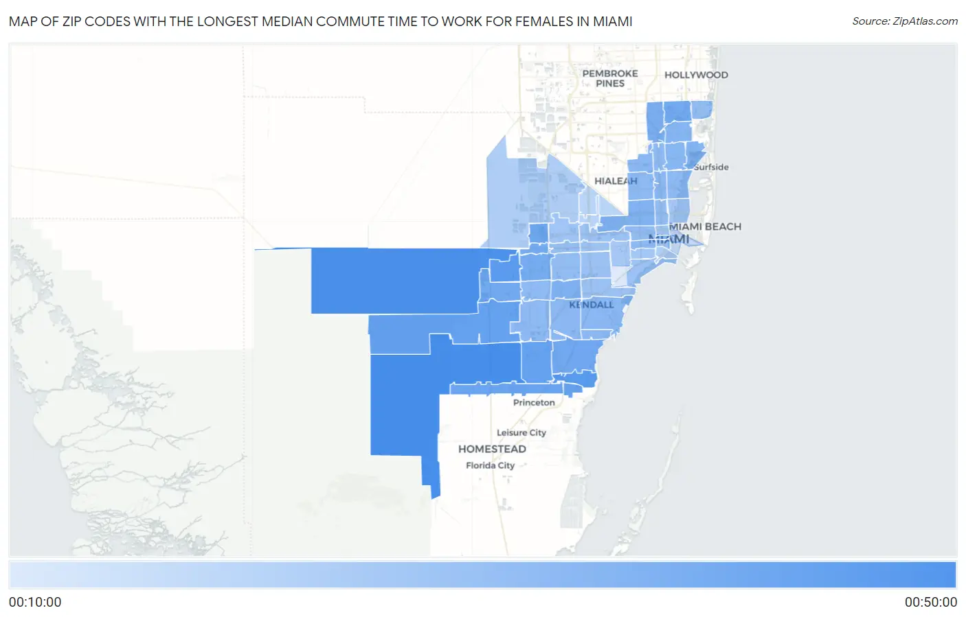 Zip Codes with the Longest Median Commute Time to Work for Females in Miami Map