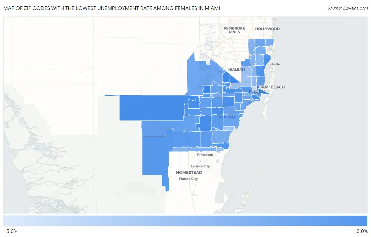 Zip Codes with the Lowest Unemployment Rate Among Females in Miami Map
