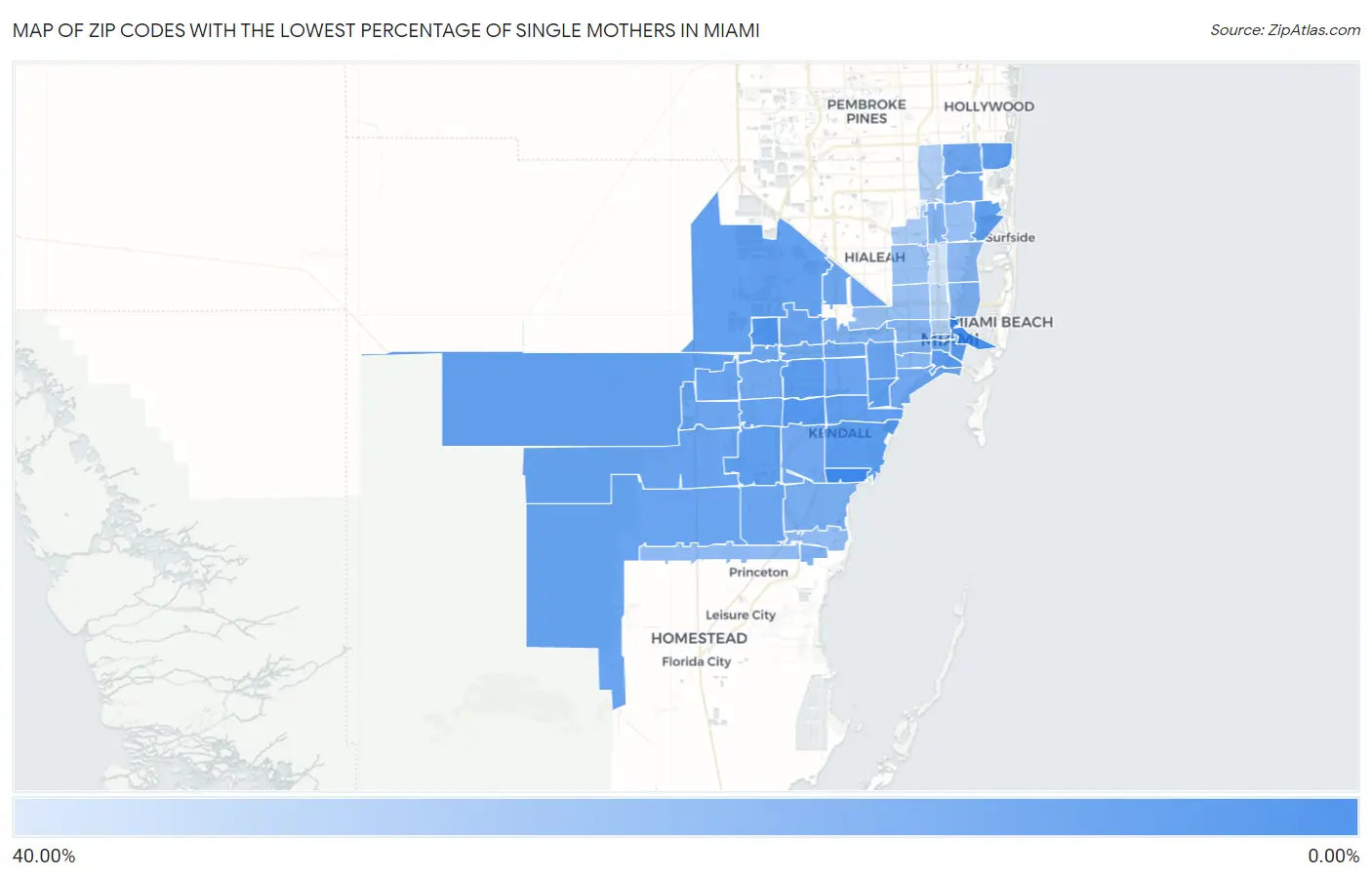 Zip Codes with the Lowest Percentage of Single Mothers in Miami Map