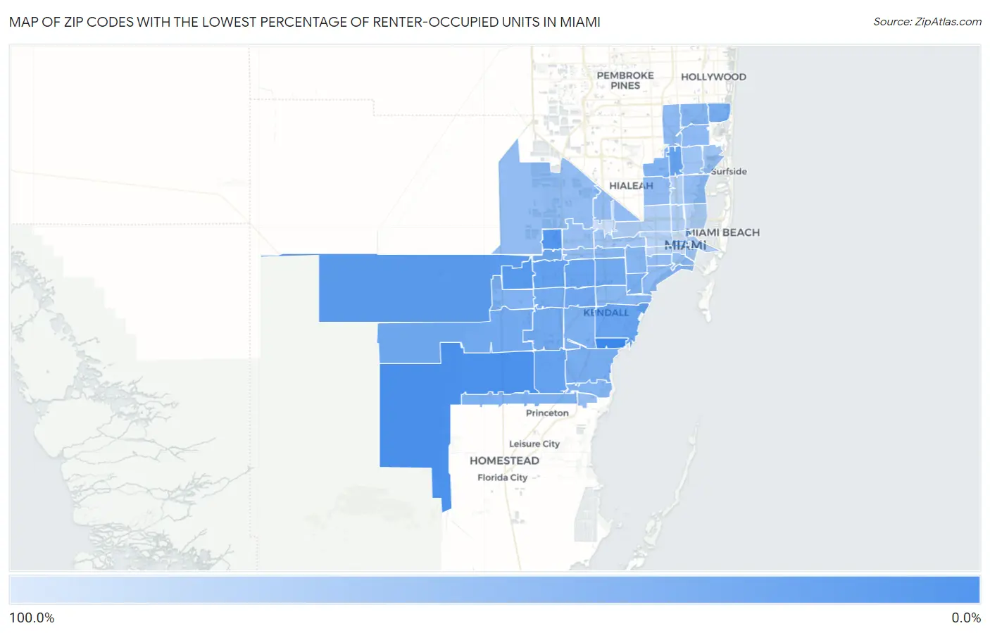 Zip Codes with the Lowest Percentage of Renter-Occupied Units in Miami Map