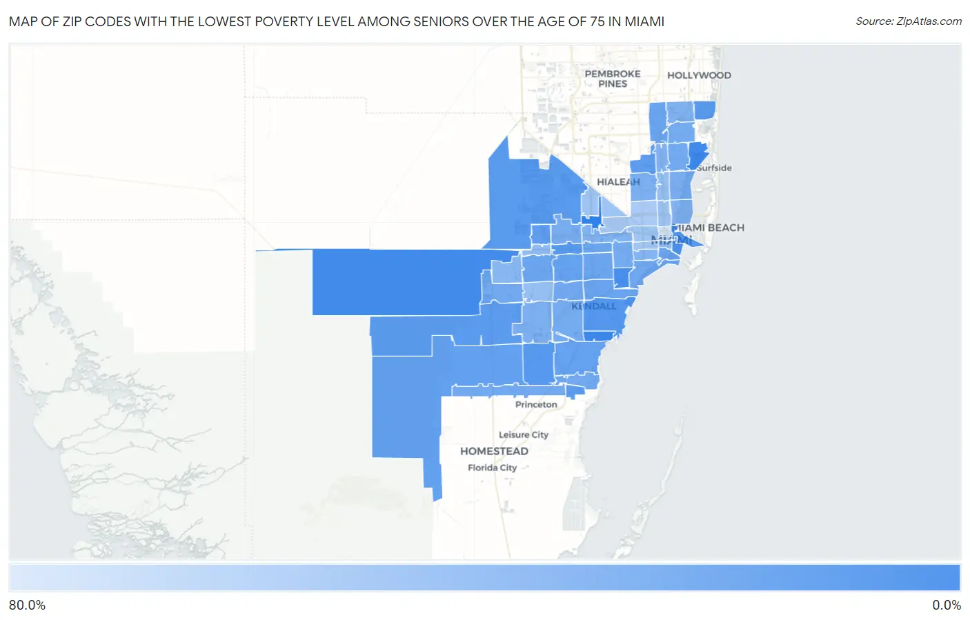 Zip Codes with the Lowest Poverty Level Among Seniors Over the Age of 75 in Miami Map