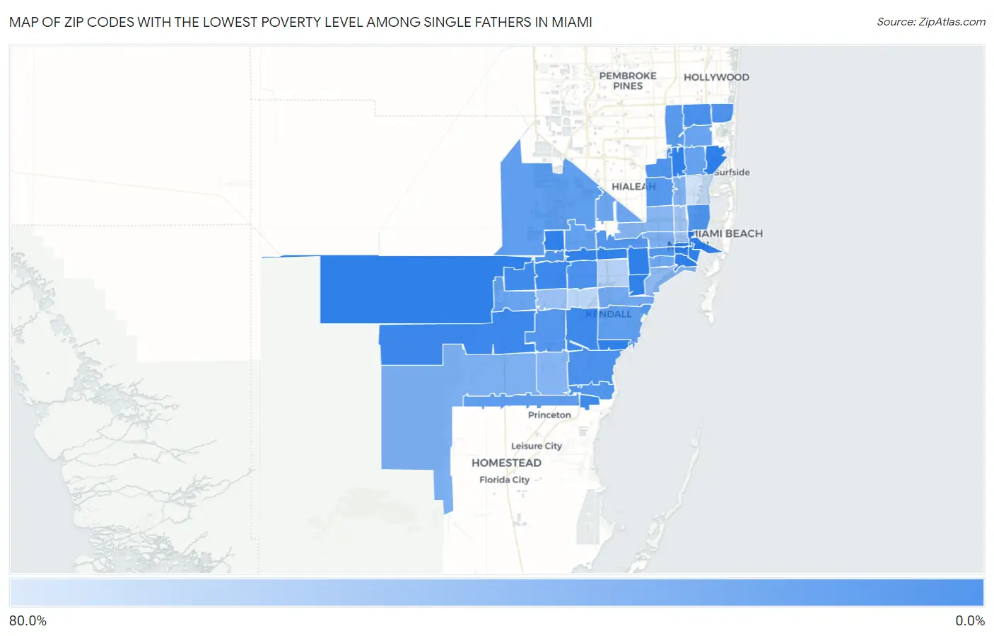 Zip Codes with the Lowest Poverty Level Among Single Fathers in Miami Map