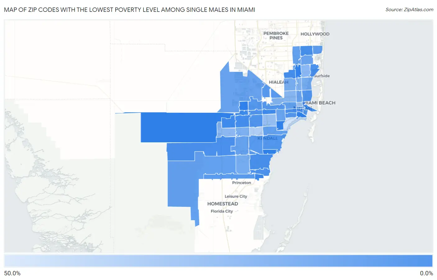 Zip Codes with the Lowest Poverty Level Among Single Males in Miami Map