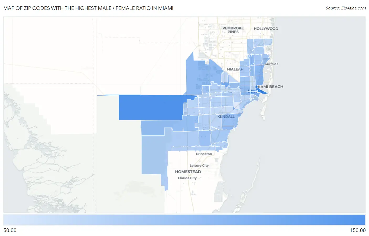 Zip Codes with the Highest Male / Female Ratio in Miami Map