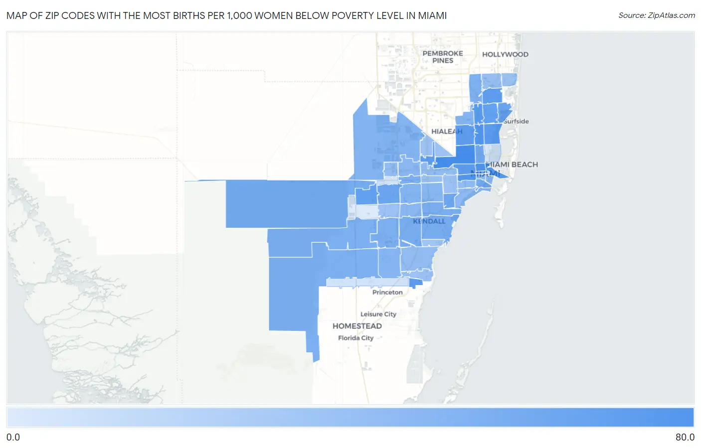 Zip Codes with the Most Births per 1,000 Women Below Poverty Level in Miami Map