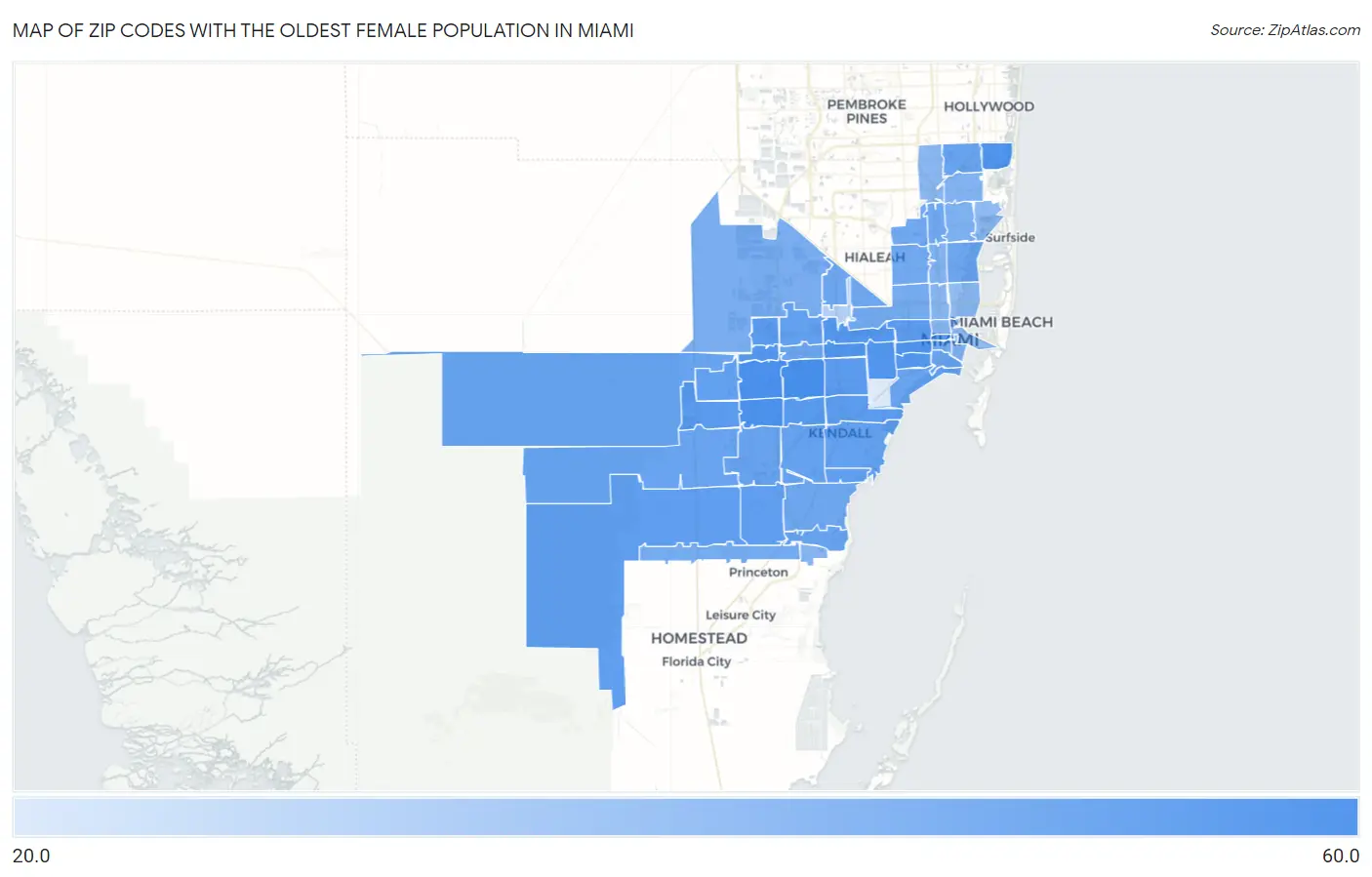 Zip Codes with the Oldest Female Population in Miami Map