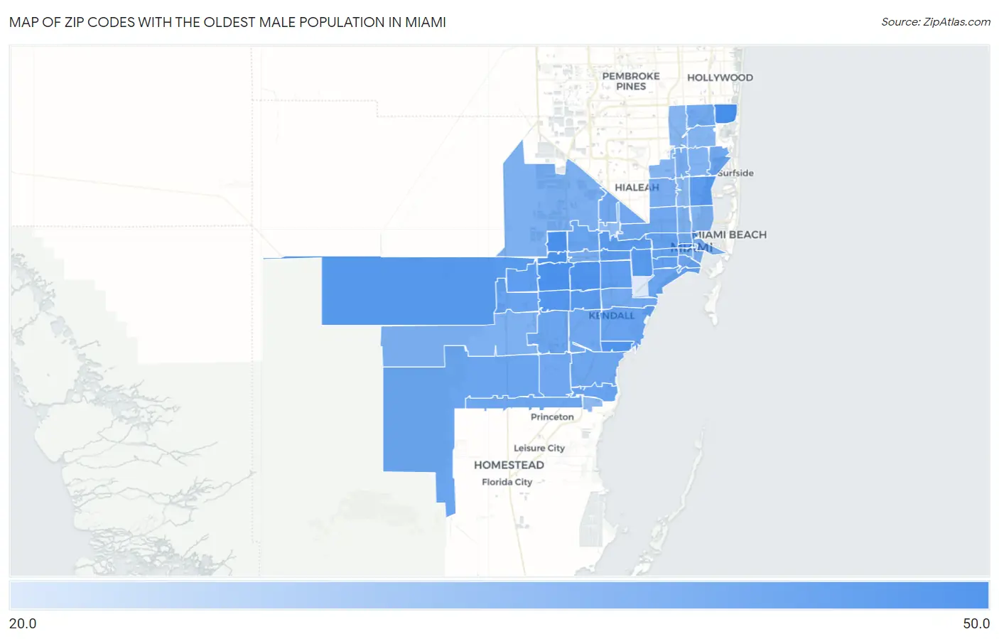 Zip Codes with the Oldest Male Population in Miami Map