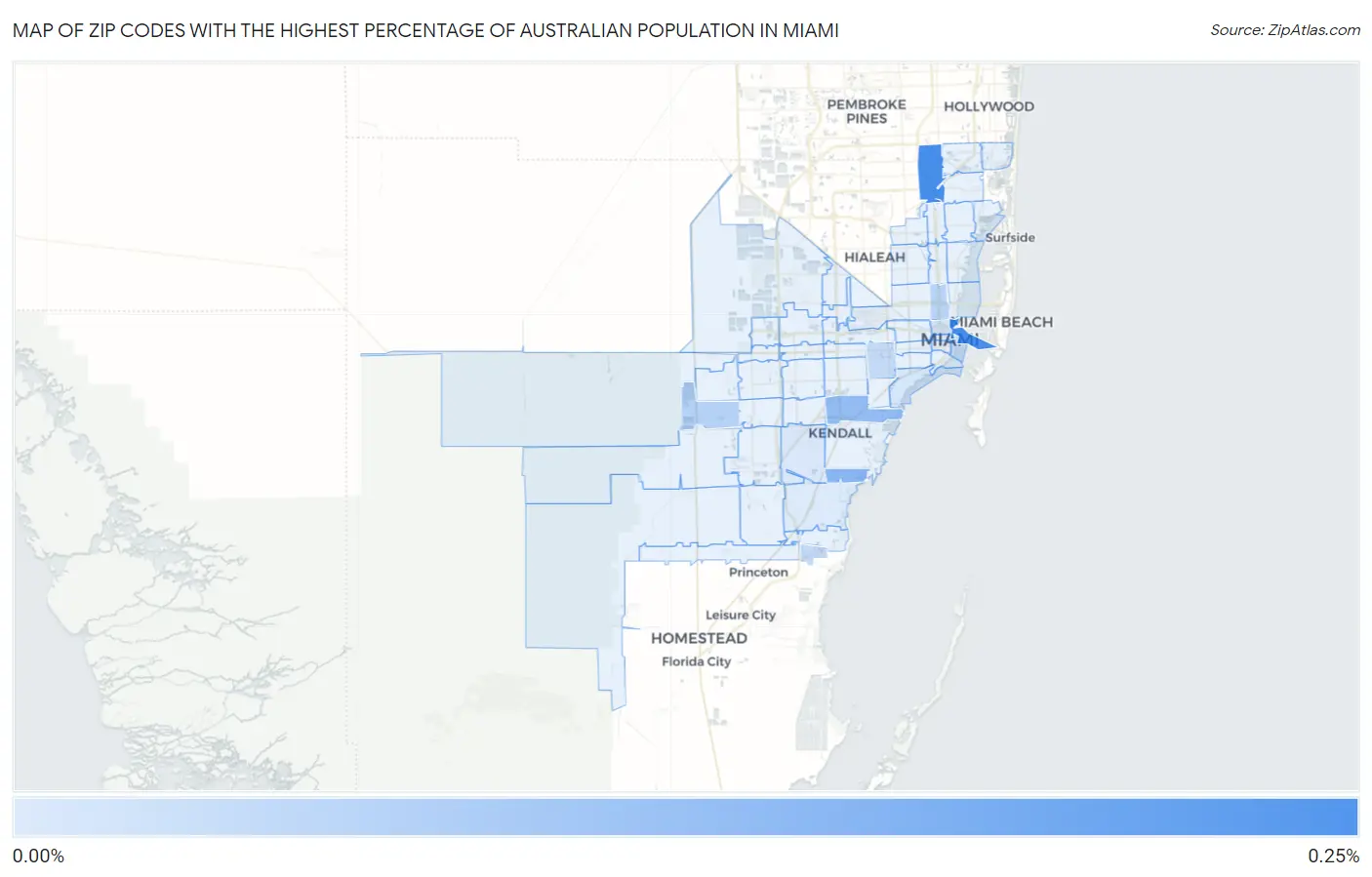 Zip Codes with the Highest Percentage of Australian Population in Miami Map