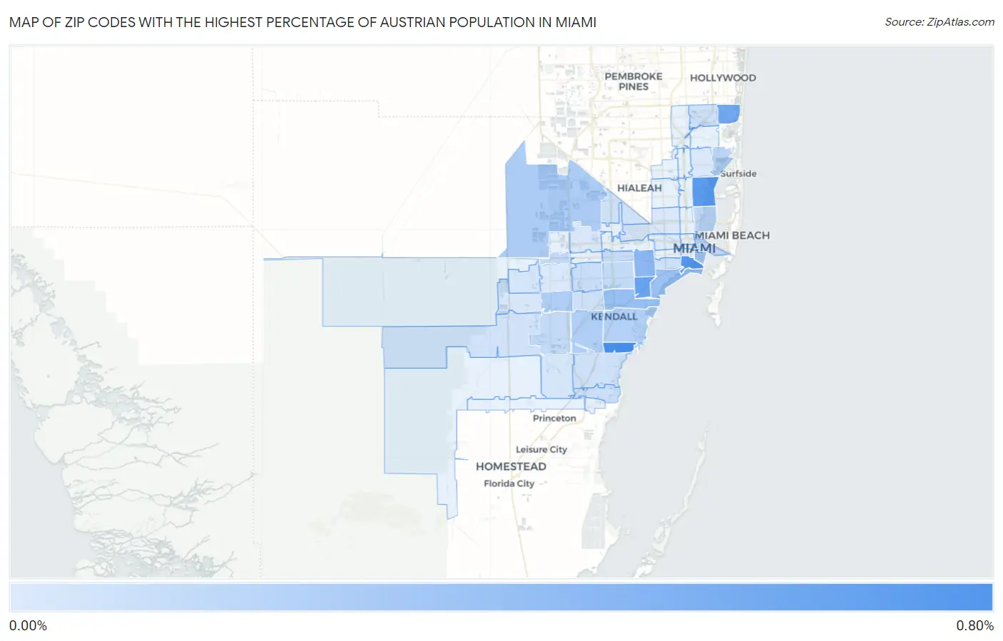 Zip Codes with the Highest Percentage of Austrian Population in Miami Map