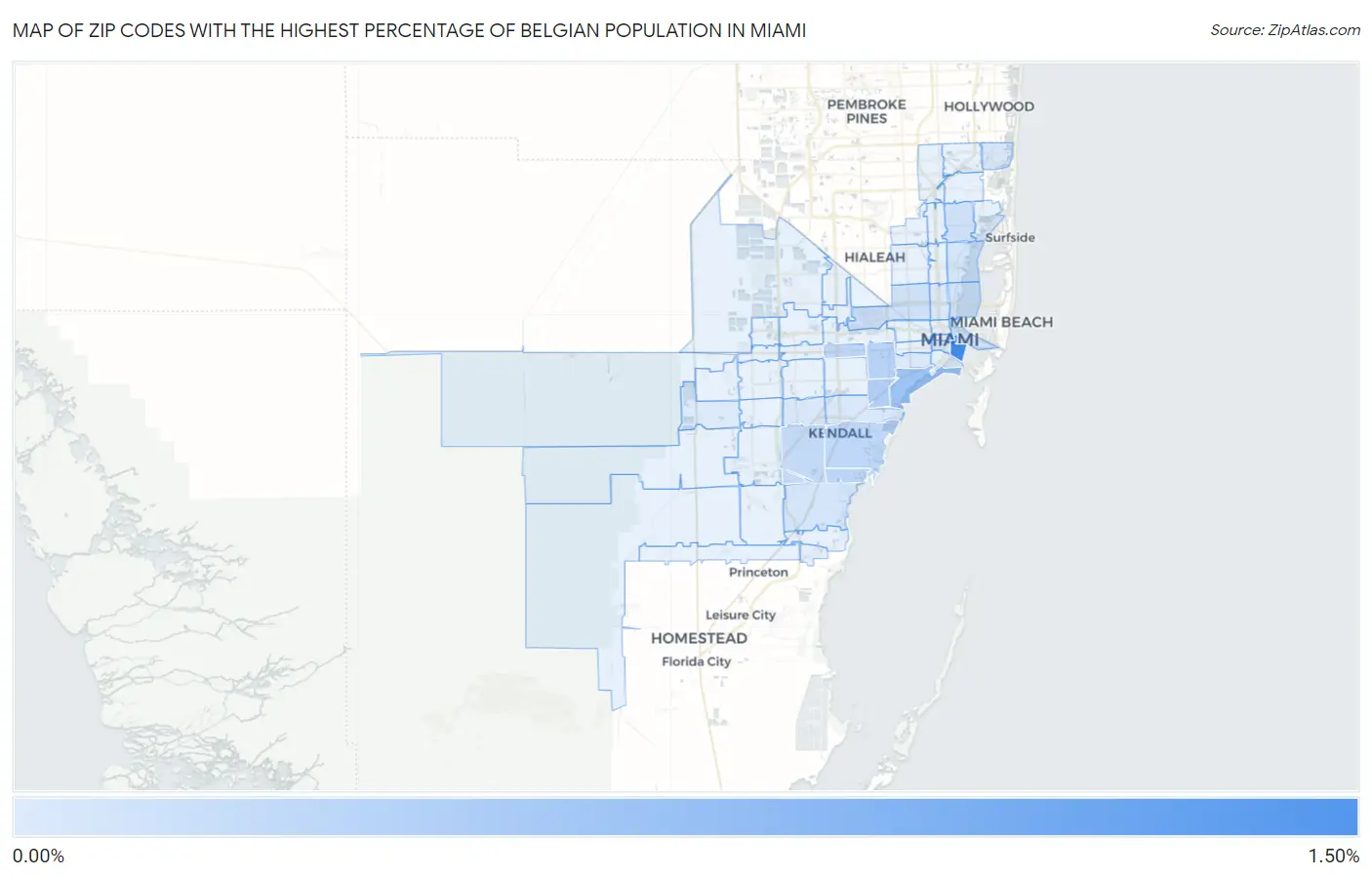 Zip Codes with the Highest Percentage of Belgian Population in Miami Map
