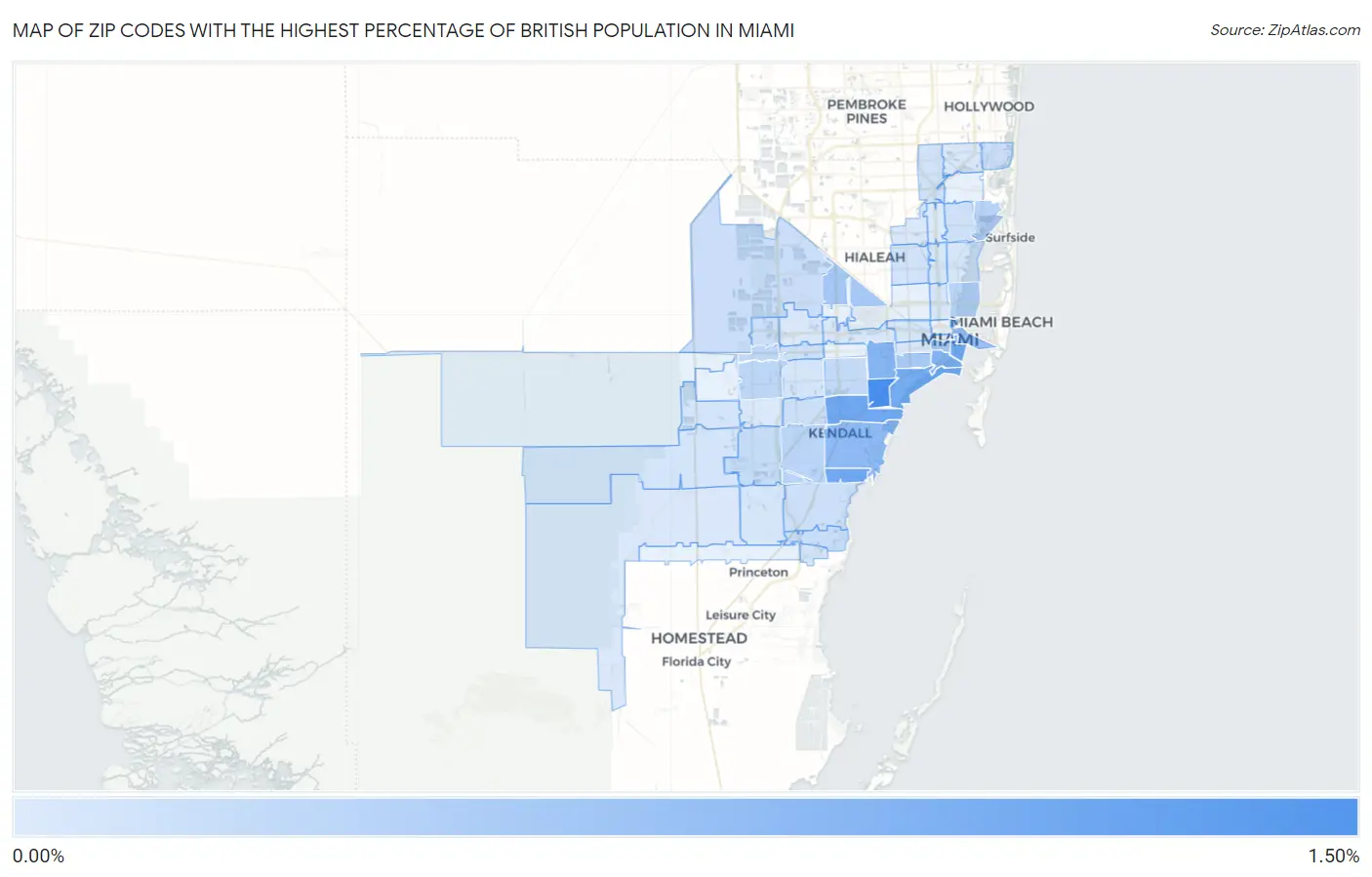 Zip Codes with the Highest Percentage of British Population in Miami Map