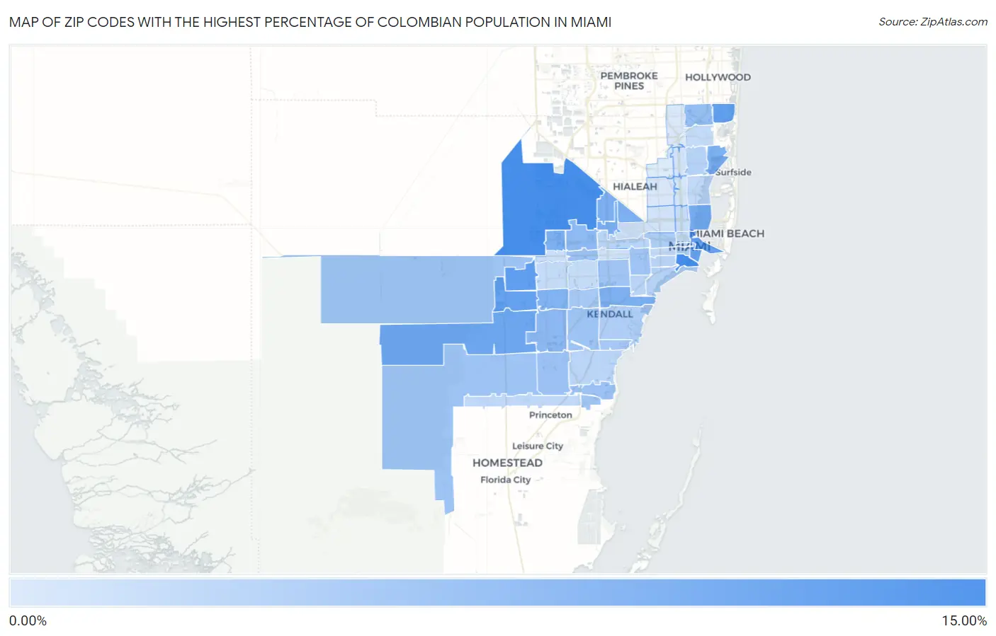 Zip Codes with the Highest Percentage of Colombian Population in Miami Map