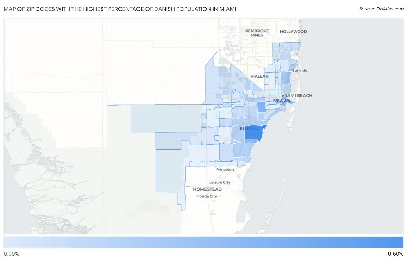 Zip Codes with the Highest Percentage of Danish Population in Miami Map