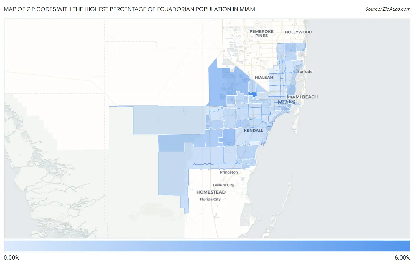 Zip Codes with the Highest Percentage of Ecuadorian Population in Miami Map