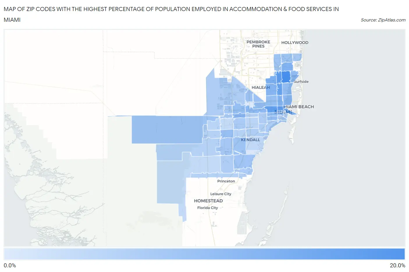 Zip Codes with the Highest Percentage of Population Employed in Accommodation & Food Services in Miami Map