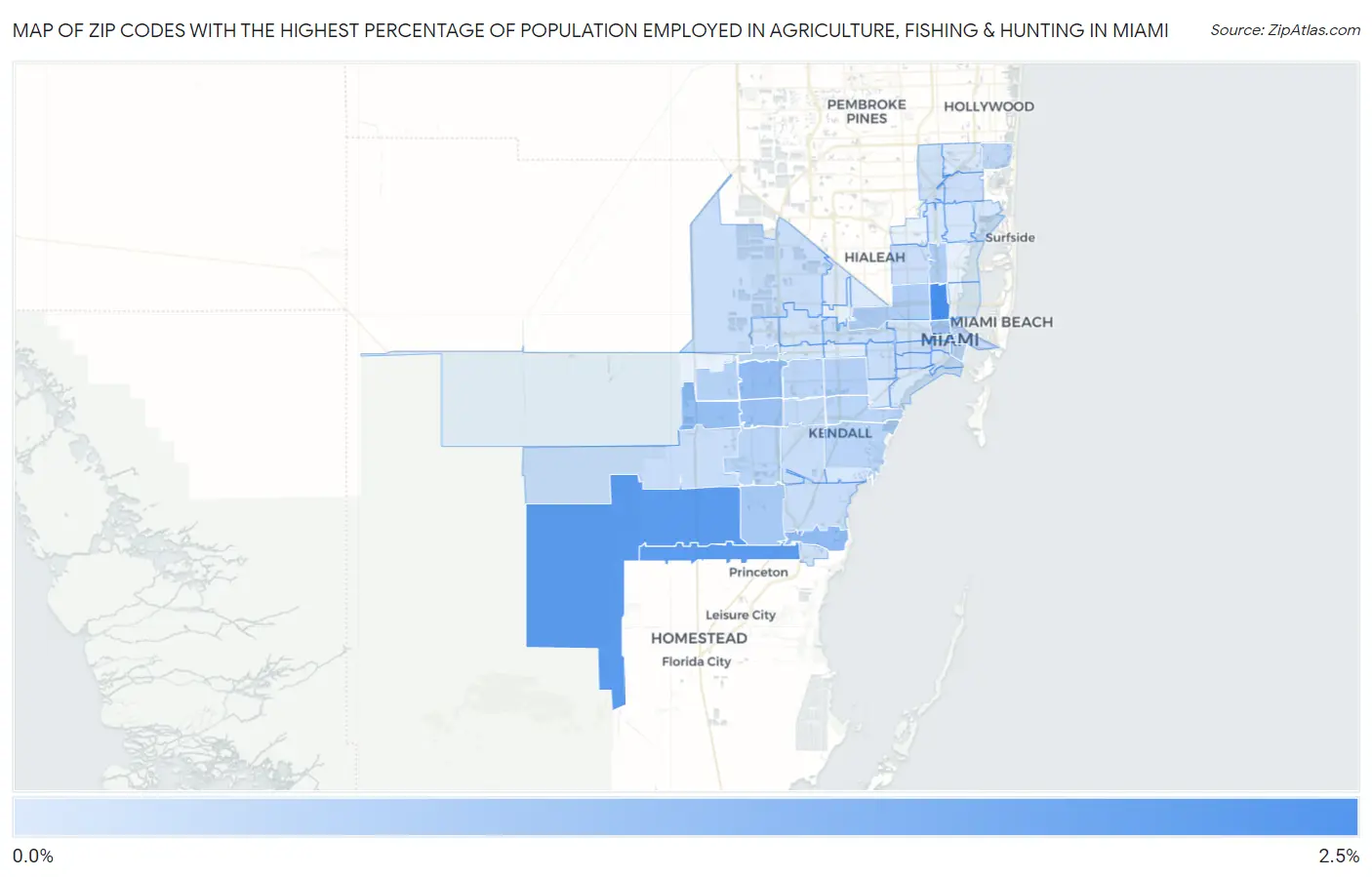 Zip Codes with the Highest Percentage of Population Employed in Agriculture, Fishing & Hunting in Miami Map