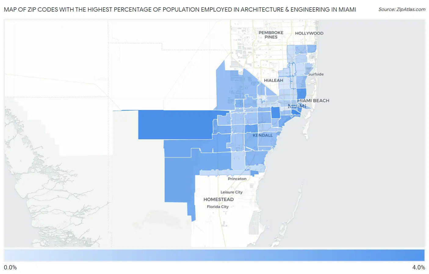 Zip Codes with the Highest Percentage of Population Employed in Architecture & Engineering in Miami Map