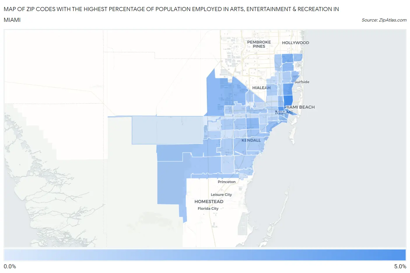 Zip Codes with the Highest Percentage of Population Employed in Arts, Entertainment & Recreation in Miami Map