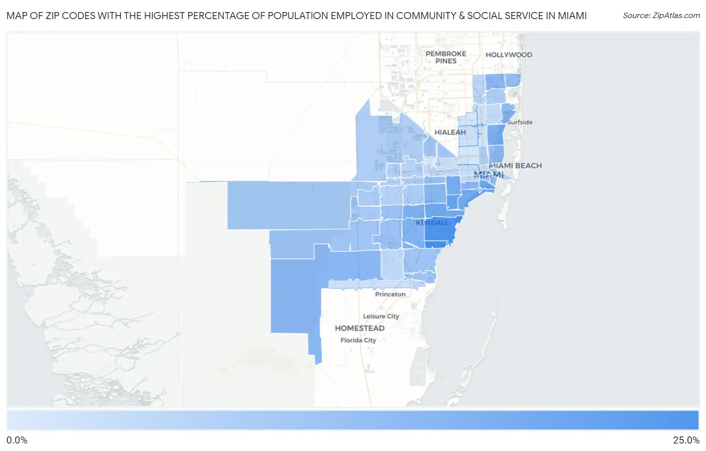 Zip Codes with the Highest Percentage of Population Employed in Community & Social Service  in Miami Map