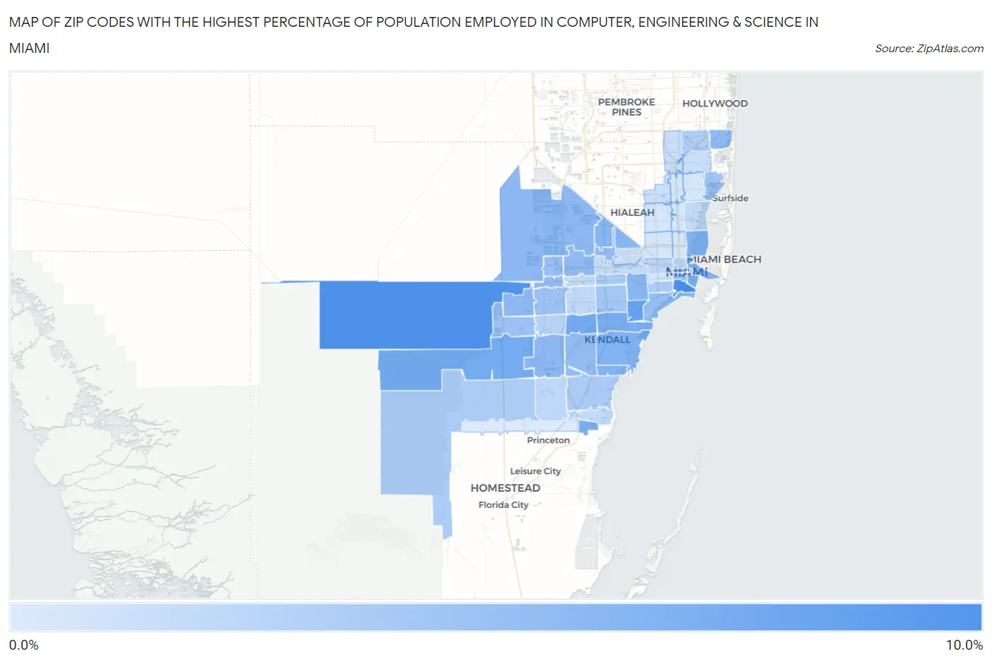 Zip Codes with the Highest Percentage of Population Employed in Computer, Engineering & Science in Miami Map