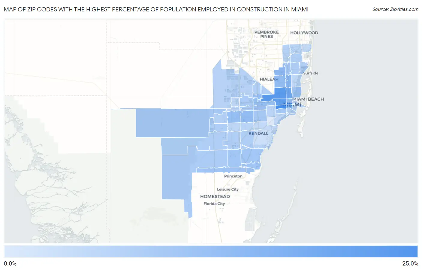 Zip Codes with the Highest Percentage of Population Employed in Construction in Miami Map